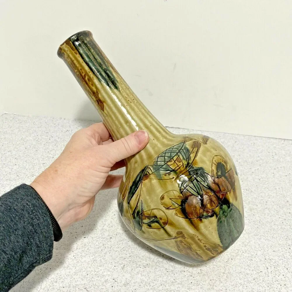 Vintage Mid Century Art Pottery Vase Drip Glaze Incised Brutalist Okinawa Japan
